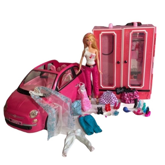 Barbie Lot Barbie Doll Fiat Car Clothes Shoes and Portable Closet